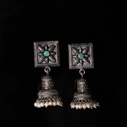 Mint Stone Studded Oxidised Earrings With Hanging Pearls