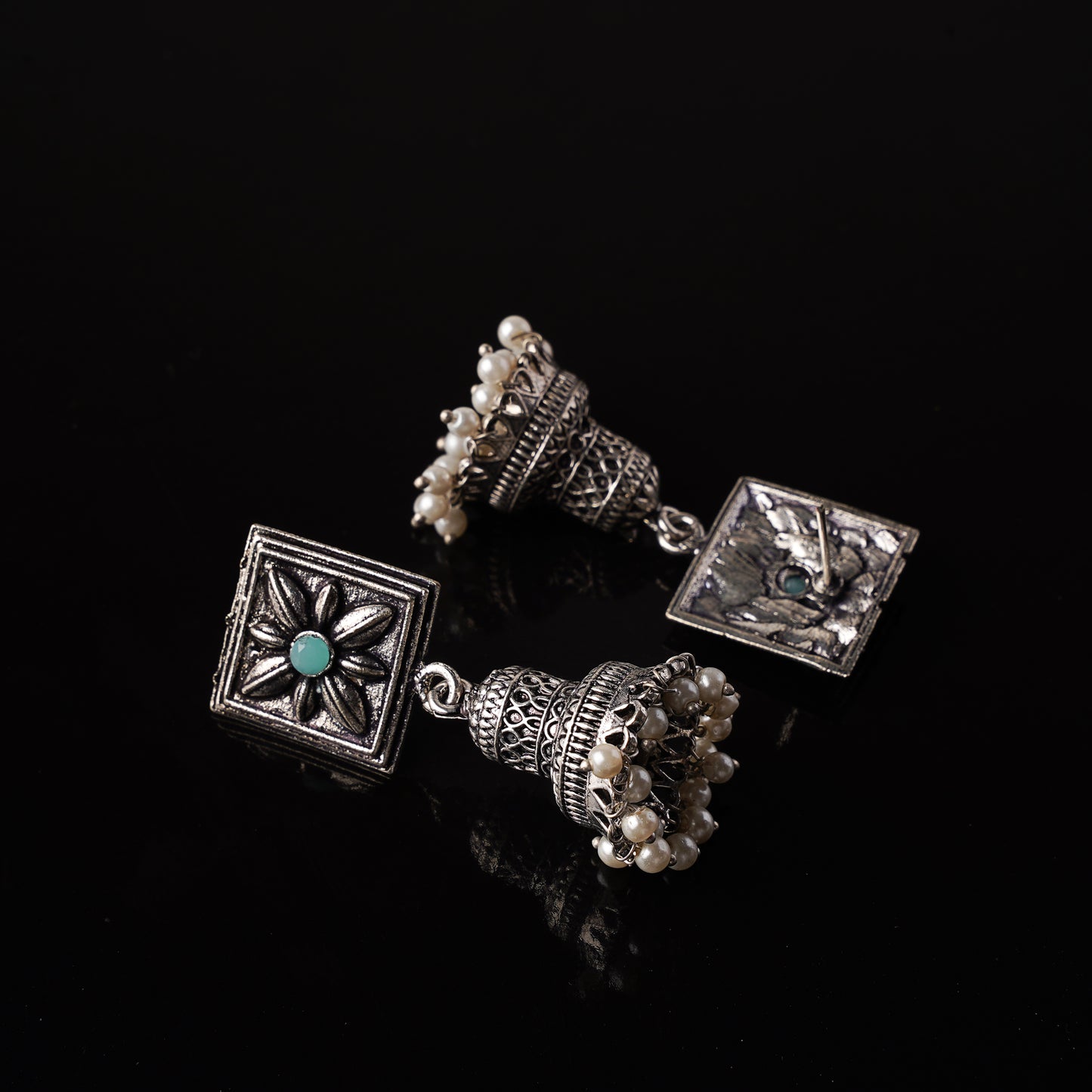 Mint Stone Studded Oxidised Earrings With Hanging Pearls