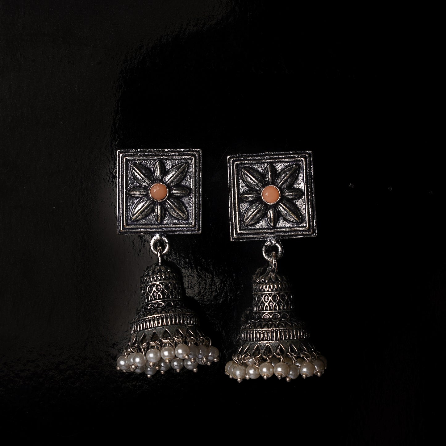 Light Orangish Stone Studded Oxidised Earrings With Hanging Pearls