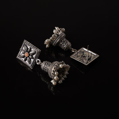 Light Orangish Stone Studded Oxidised Earrings With Hanging Pearls