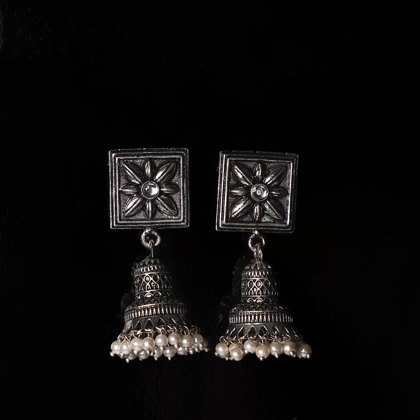 White Stone Studded Oxidised Earrings With Hanging Pearls