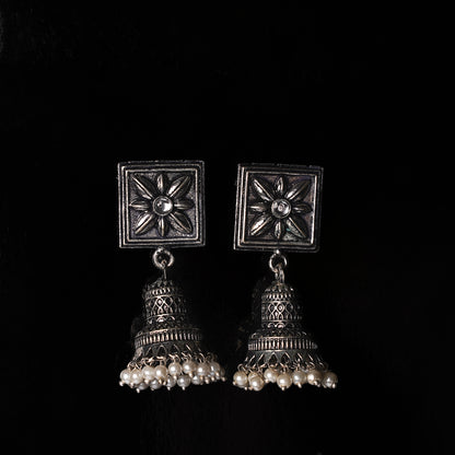 White Stone Studded Oxidised Earrings With Hanging Pearls
