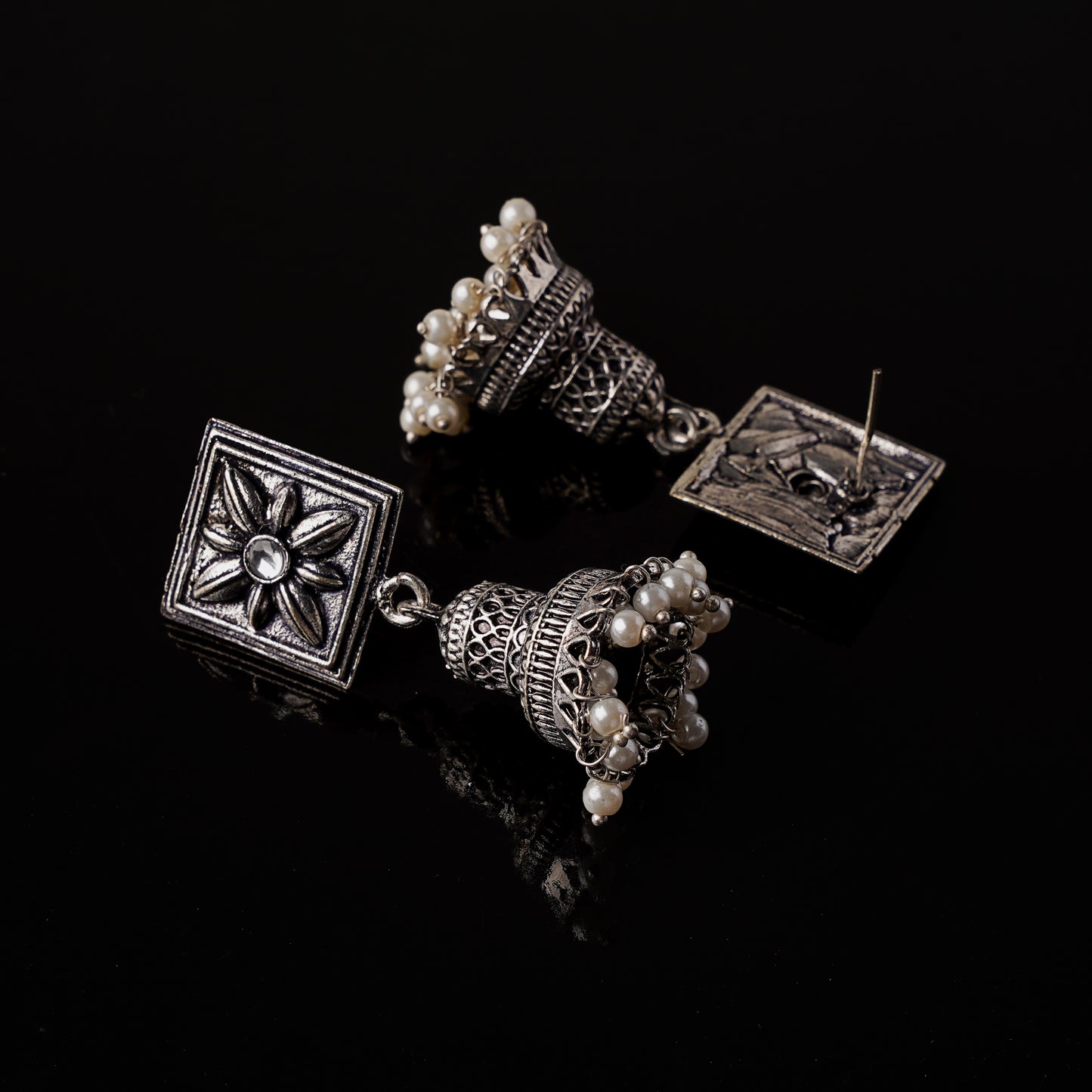 White Stone Studded Oxidised Earrings With Hanging Pearls