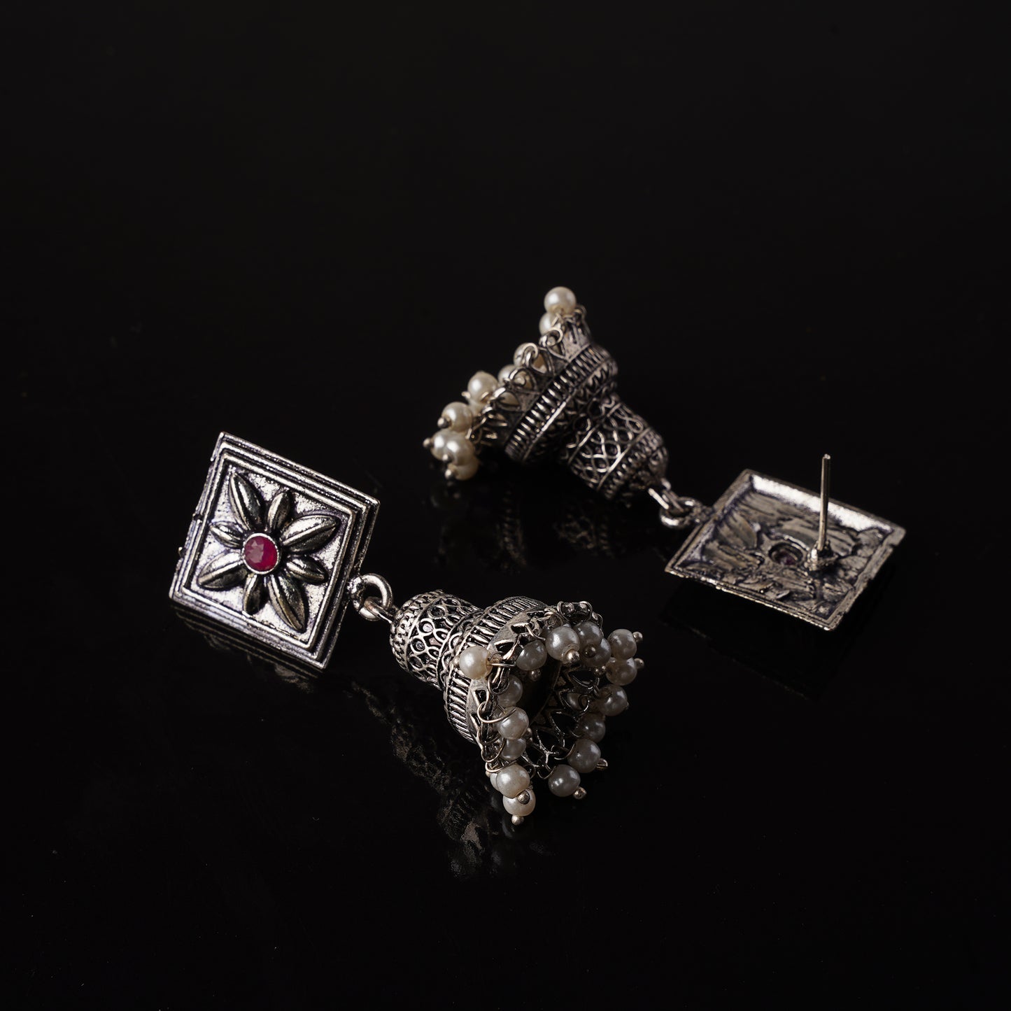Dark Red Stone Studded Oxidised Earrings With Hanging Pearls