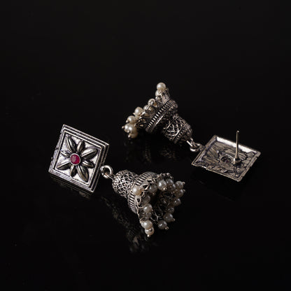 Dark Red Stone Studded Oxidised Earrings With Hanging Pearls