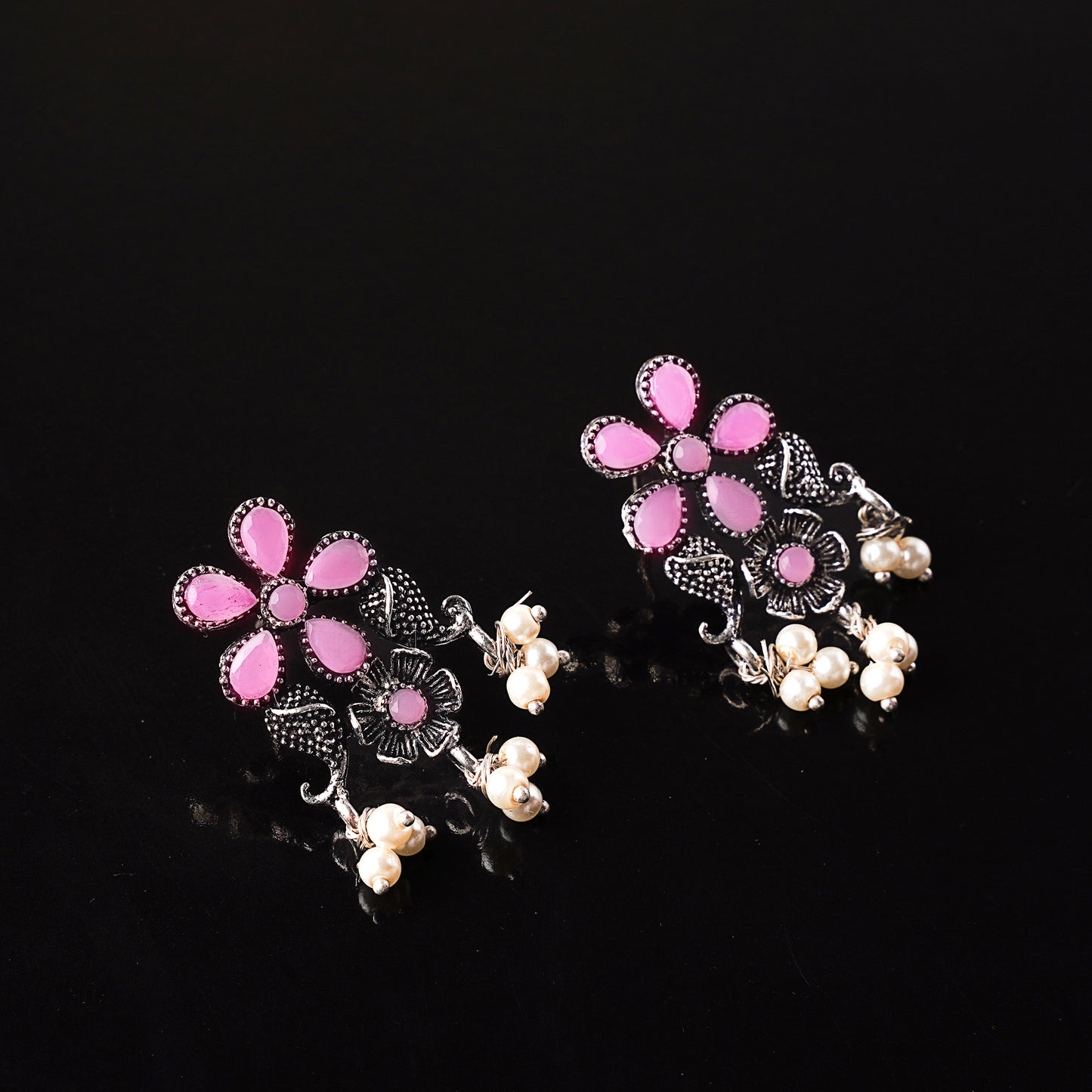 Baby Pink Stone Studded Oxidised Earrings With Hanging Pearl