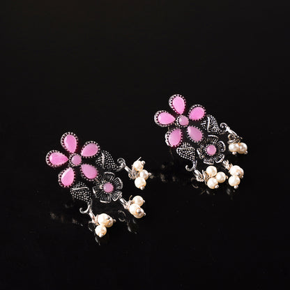 Baby Pink Stone Studded Oxidised Earrings With Hanging Pearl