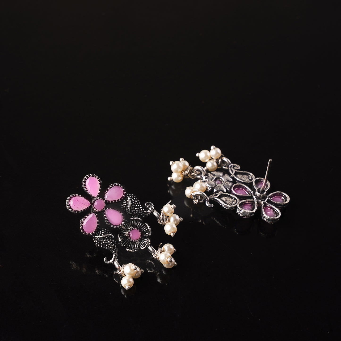 Baby Pink Stone Studded Oxidised Earrings With Hanging Pearl