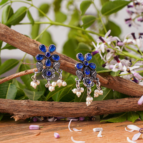 Blue Stone Studded Oxidised Earrings With Hanging Pearl