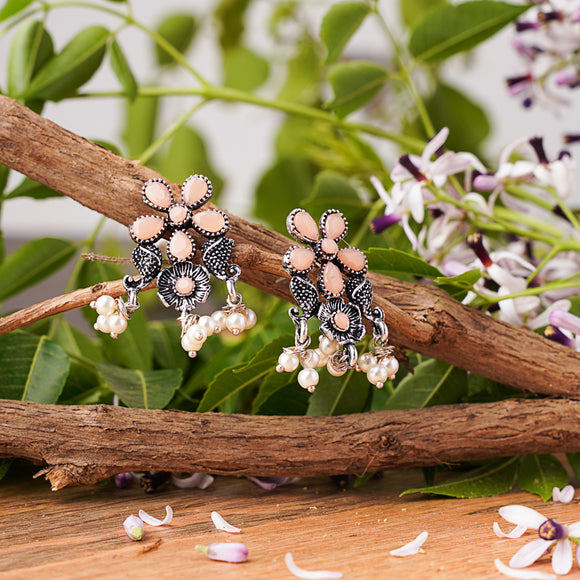 Light Orangish Stone Studded Oxidised Earrings With Hanging Pearl