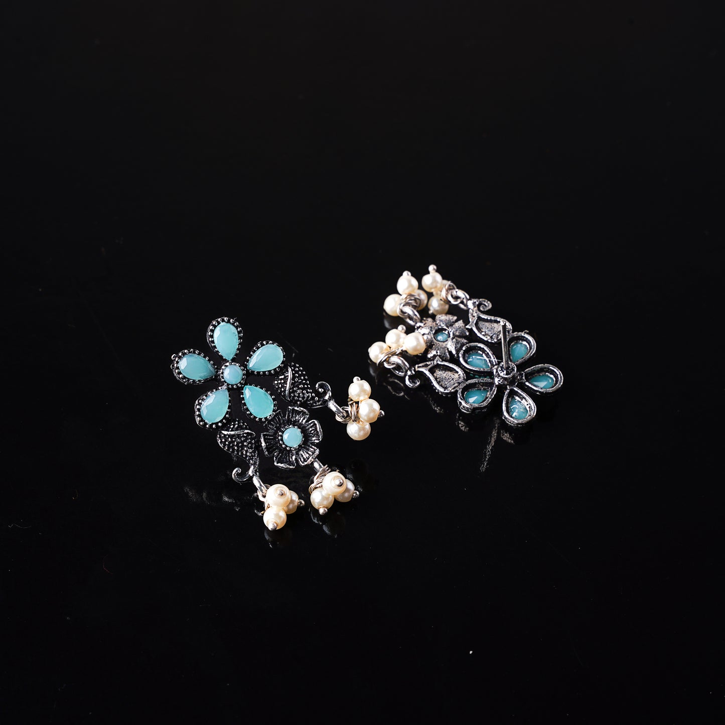 Mint Stone Studded Oxidised Earrings With Hanging Pearl