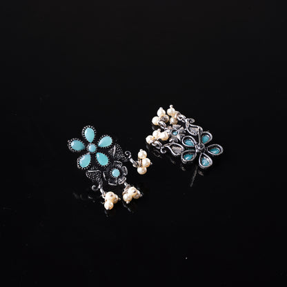 Mint Stone Studded Oxidised Earrings With Hanging Pearl