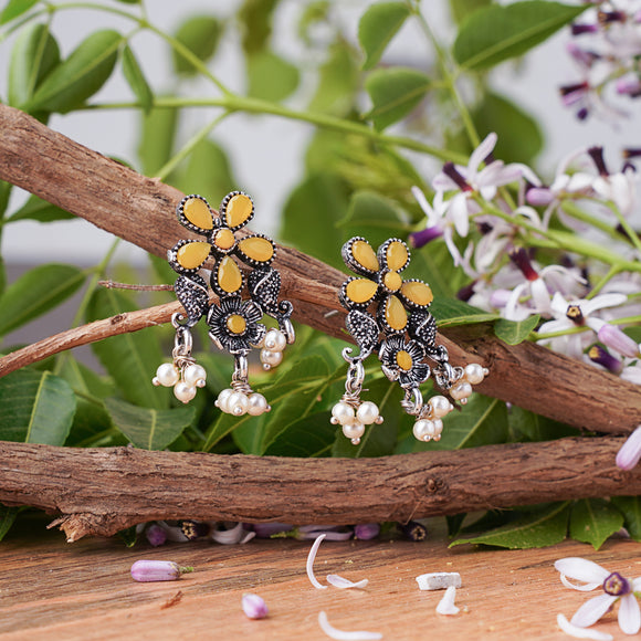 Yellow Stone Studded Oxidised Earrings With Hanging Pearl