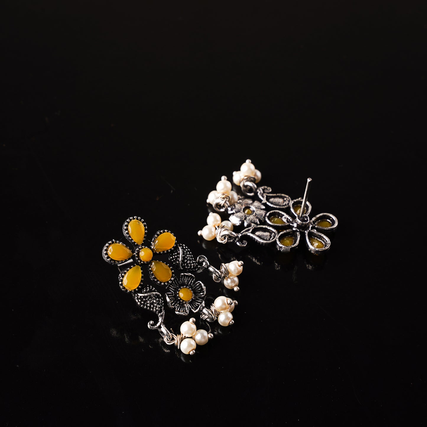 Yellow Stone Studded Oxidised Earrings With Hanging Pearl