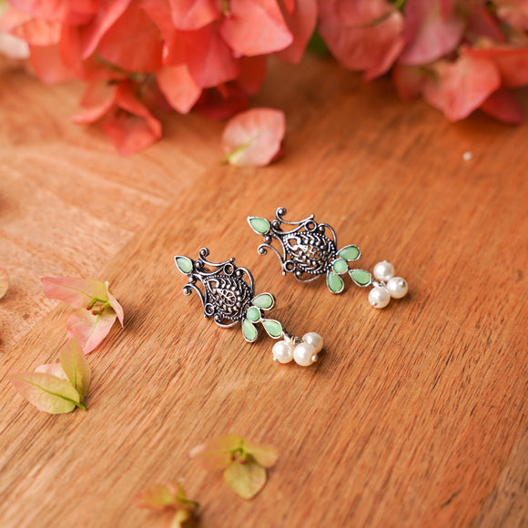 Pista Stone Studded Tiny Earrings With Hanging Pearls