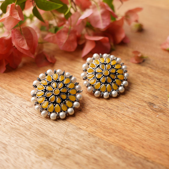 Yellow Stone Studded Round Oxidised Studs With Embellished Pearls
