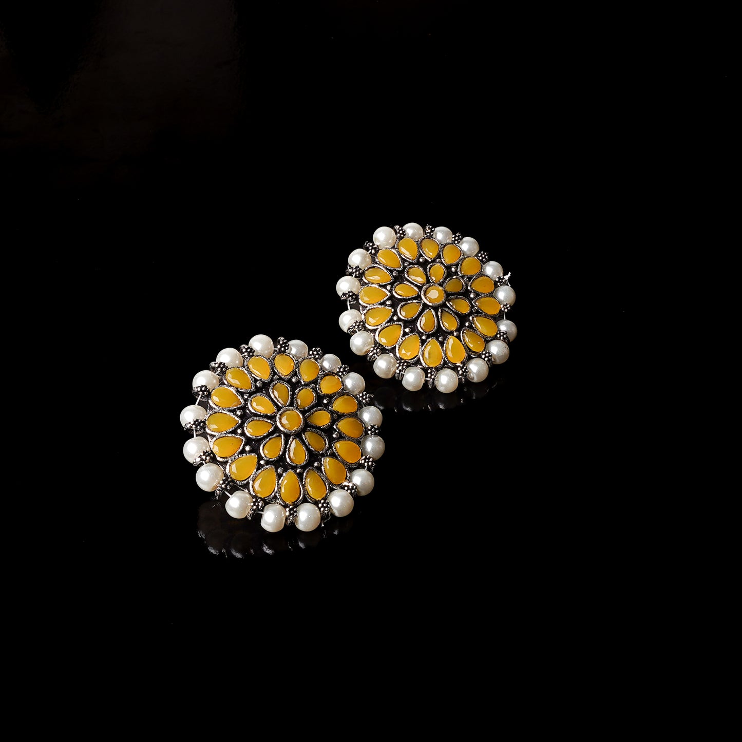 Yellow Stone Studded Round Oxidised Studs With Embellished Pearls