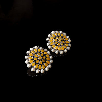 Yellow Stone Studded Round Oxidised Studs With Embellished Pearls