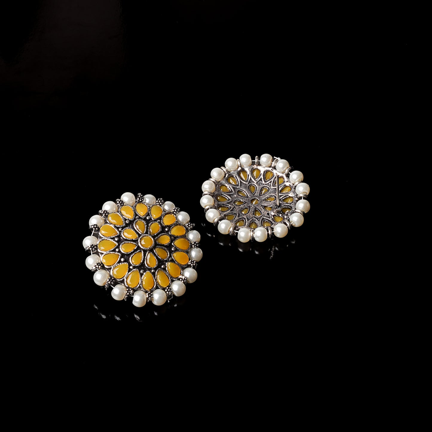Yellow Stone Studded Round Oxidised Studs With Embellished Pearls