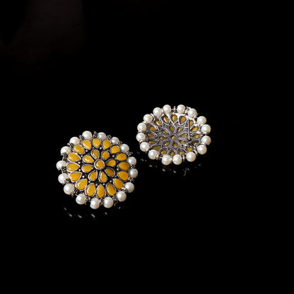 Yellow Stone Studded Round Oxidised Studs With Embellished Pearls