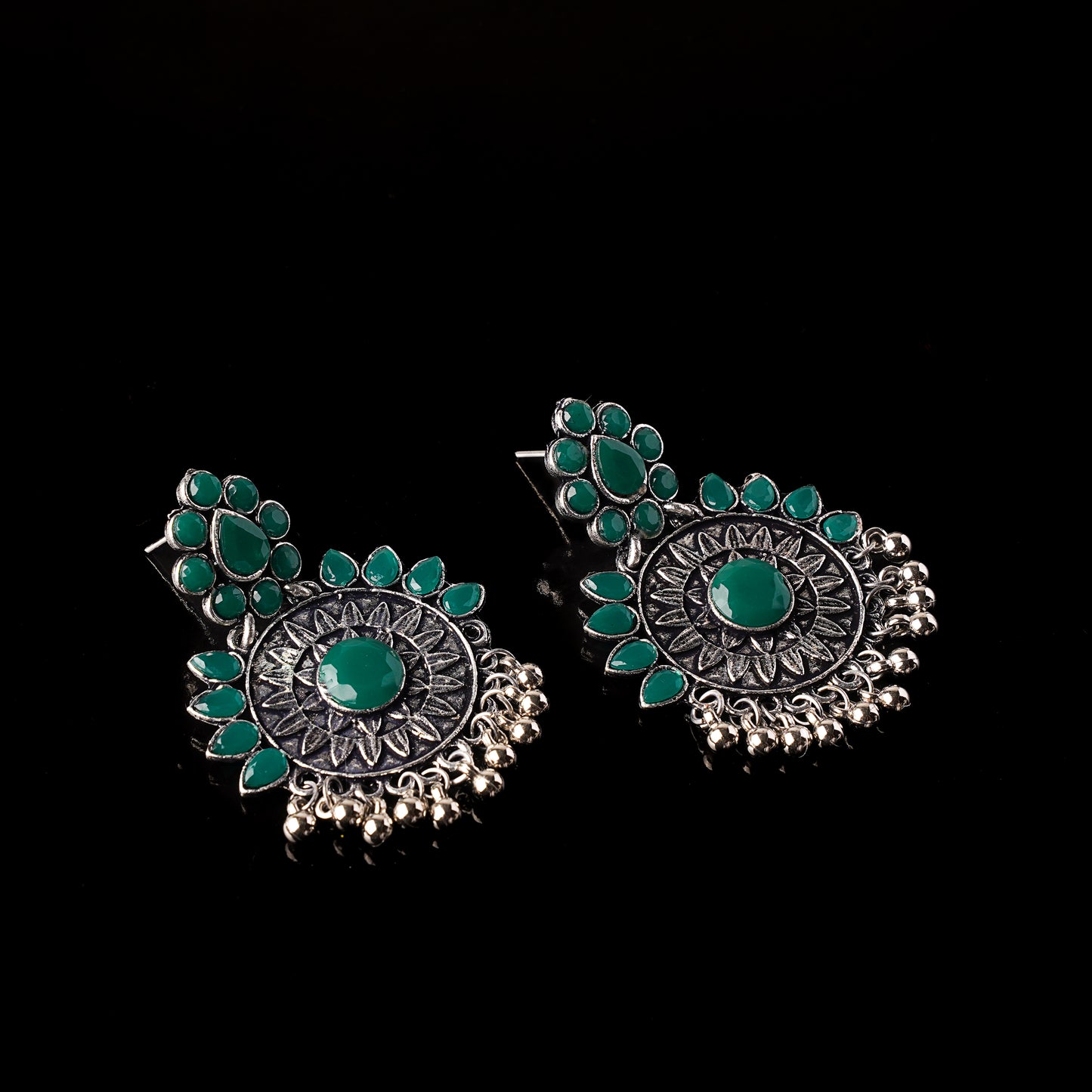 Green Stone Studded Oxidised Earrings
