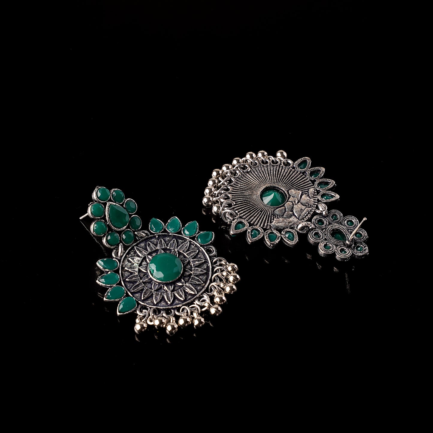 Green Stone Studded Oxidised Earrings