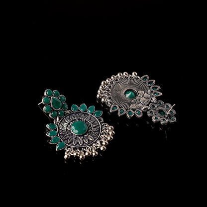 Green Stone Studded Oxidised Earrings