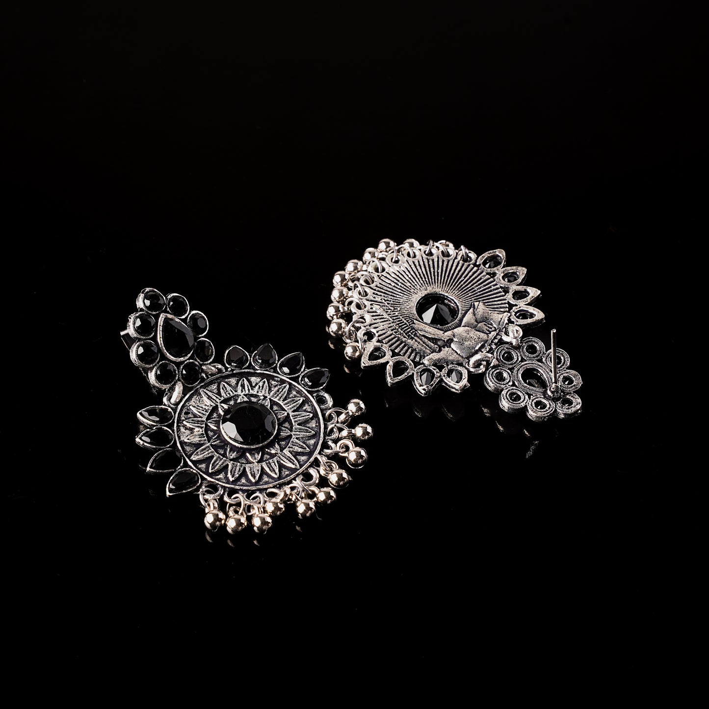 Black Stone Studded Oxidised Earrings