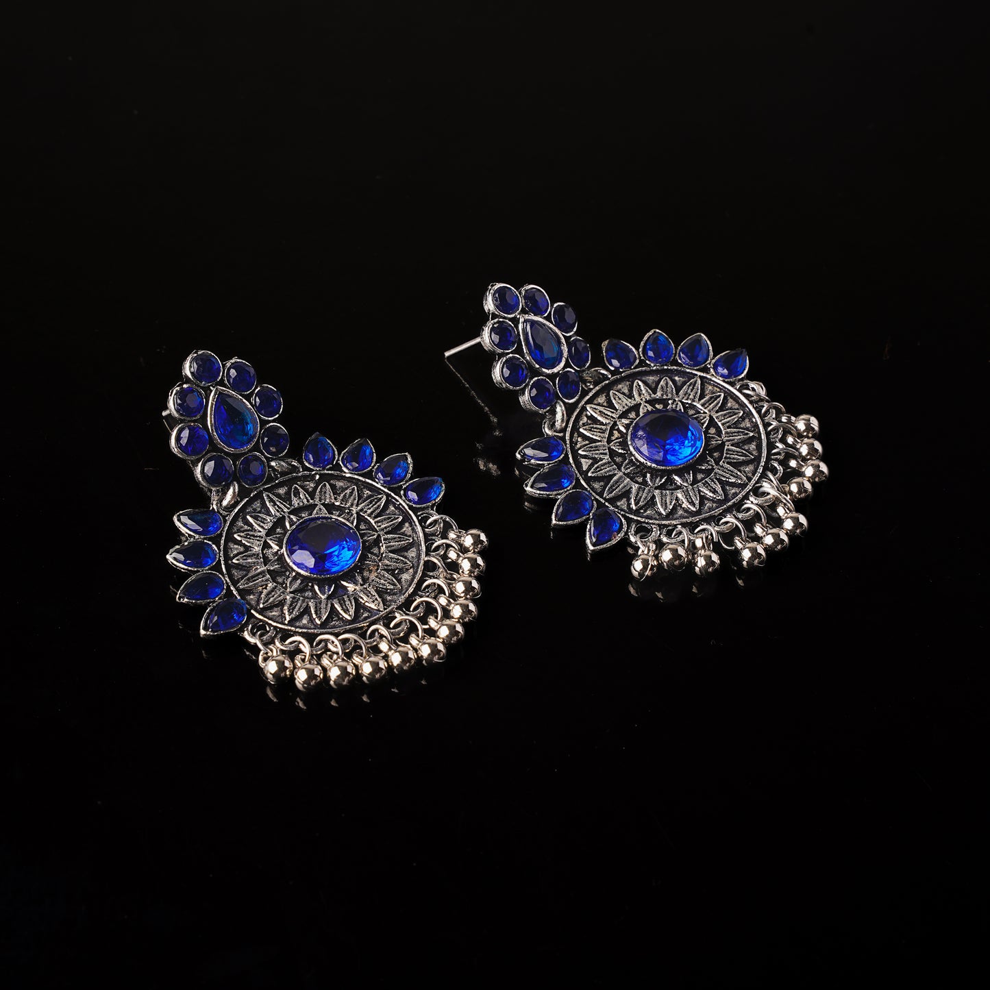 Blue Stone Studded Oxidised Earrings