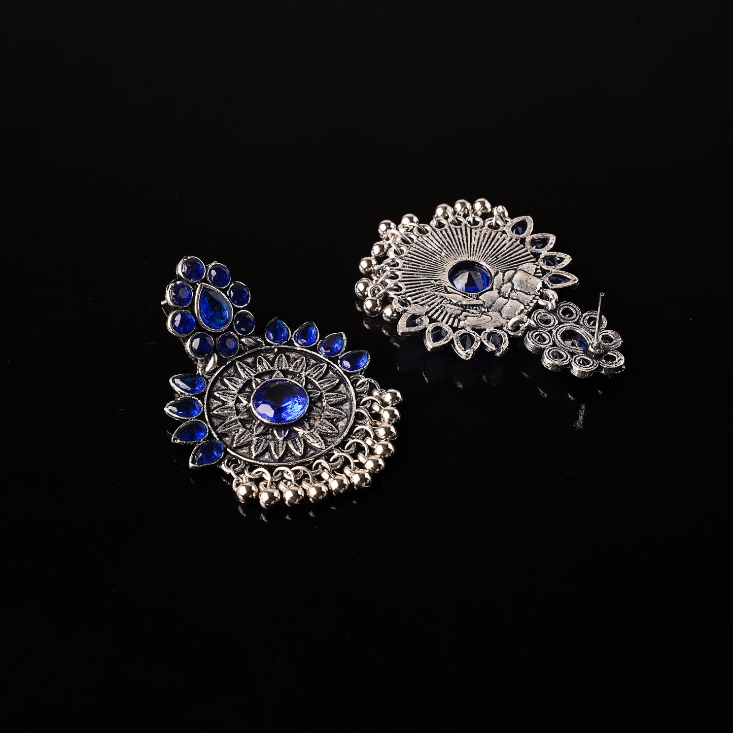 Blue Stone Studded Oxidised Earrings