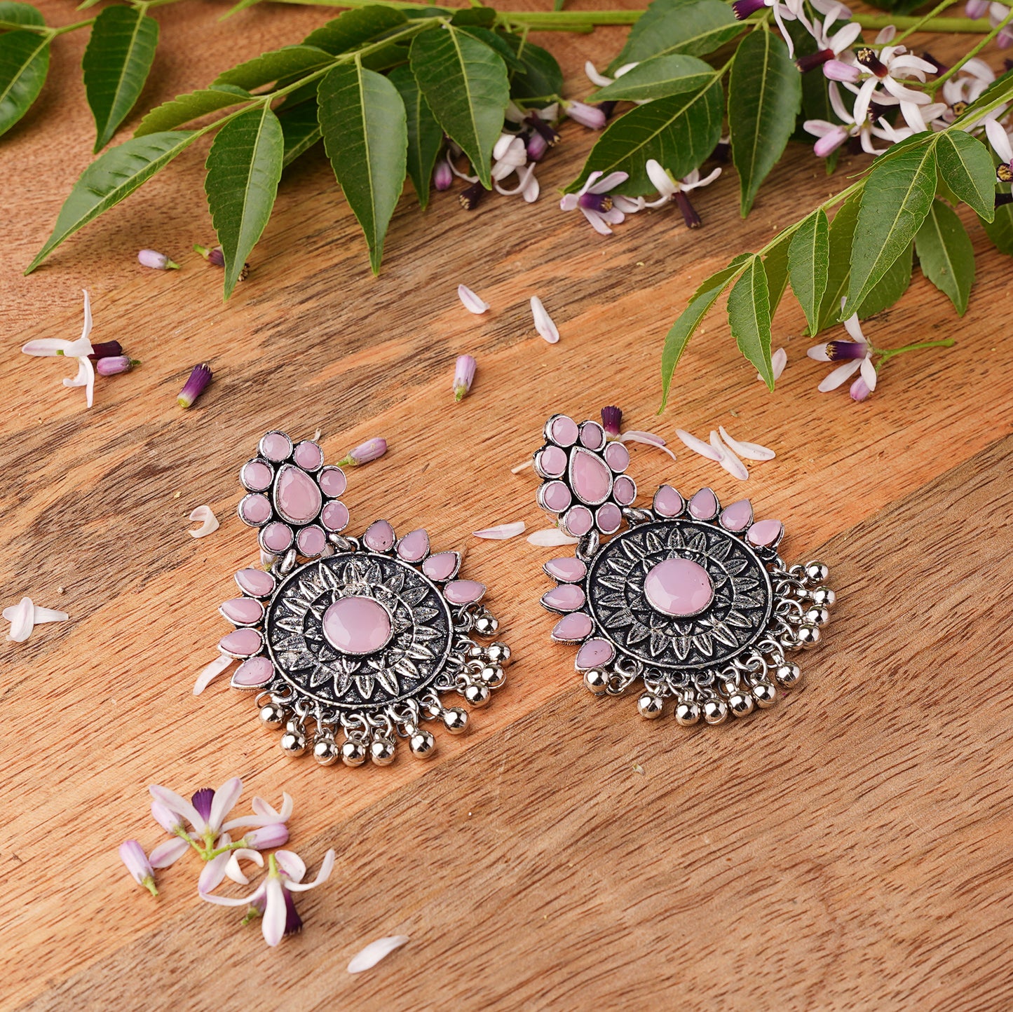 Baby Pink Stone Studded Oxidised Earrings