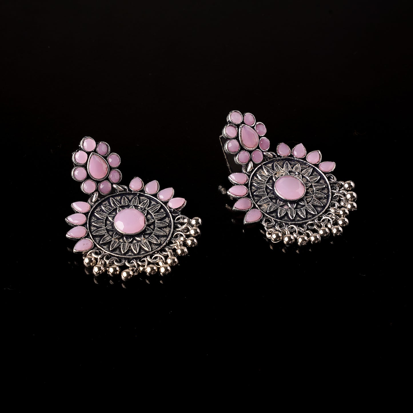 Baby Pink Stone Studded Oxidised Earrings
