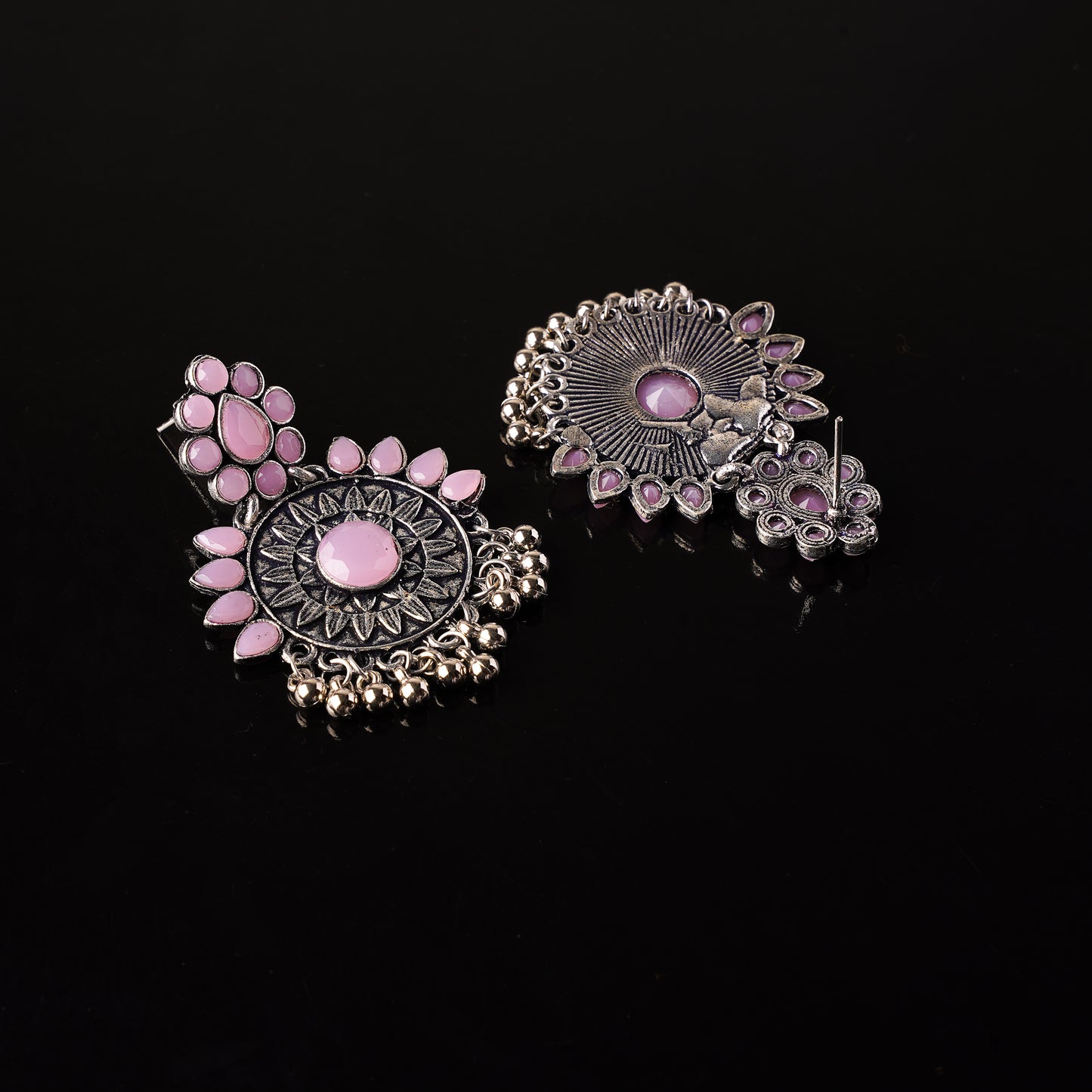 Baby Pink Stone Studded Oxidised Earrings