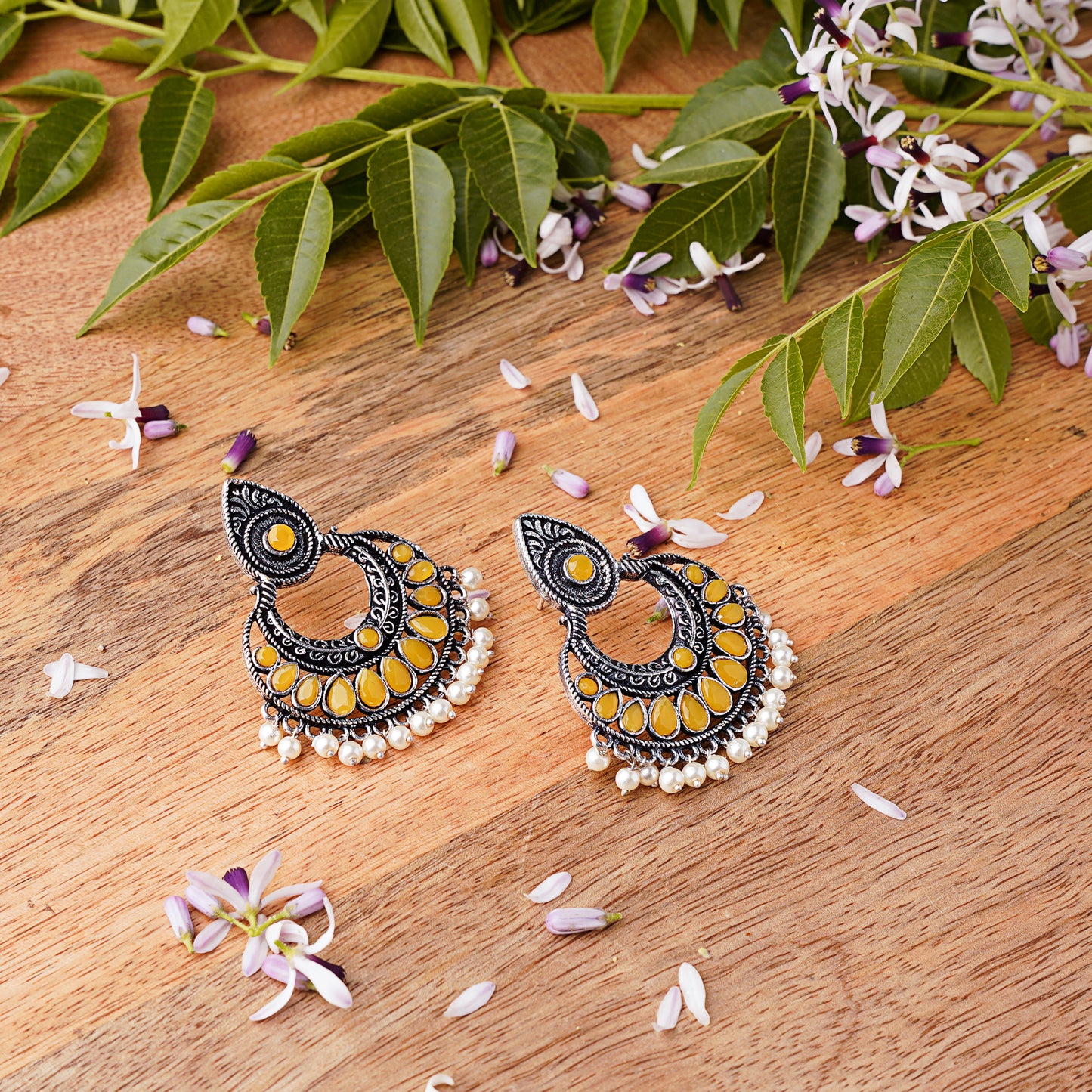 Yellow Stone Studded Oxidised Earrings With Hanging Pearls