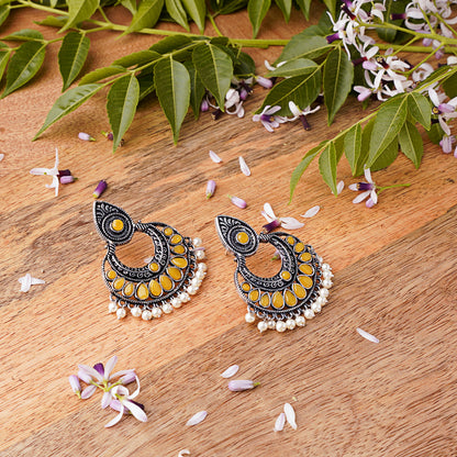 Yellow Stone Studded Oxidised Earrings With Hanging Pearls