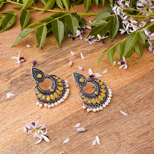 Yellow Stone Studded Oxidised Earrings With Hanging Pearls