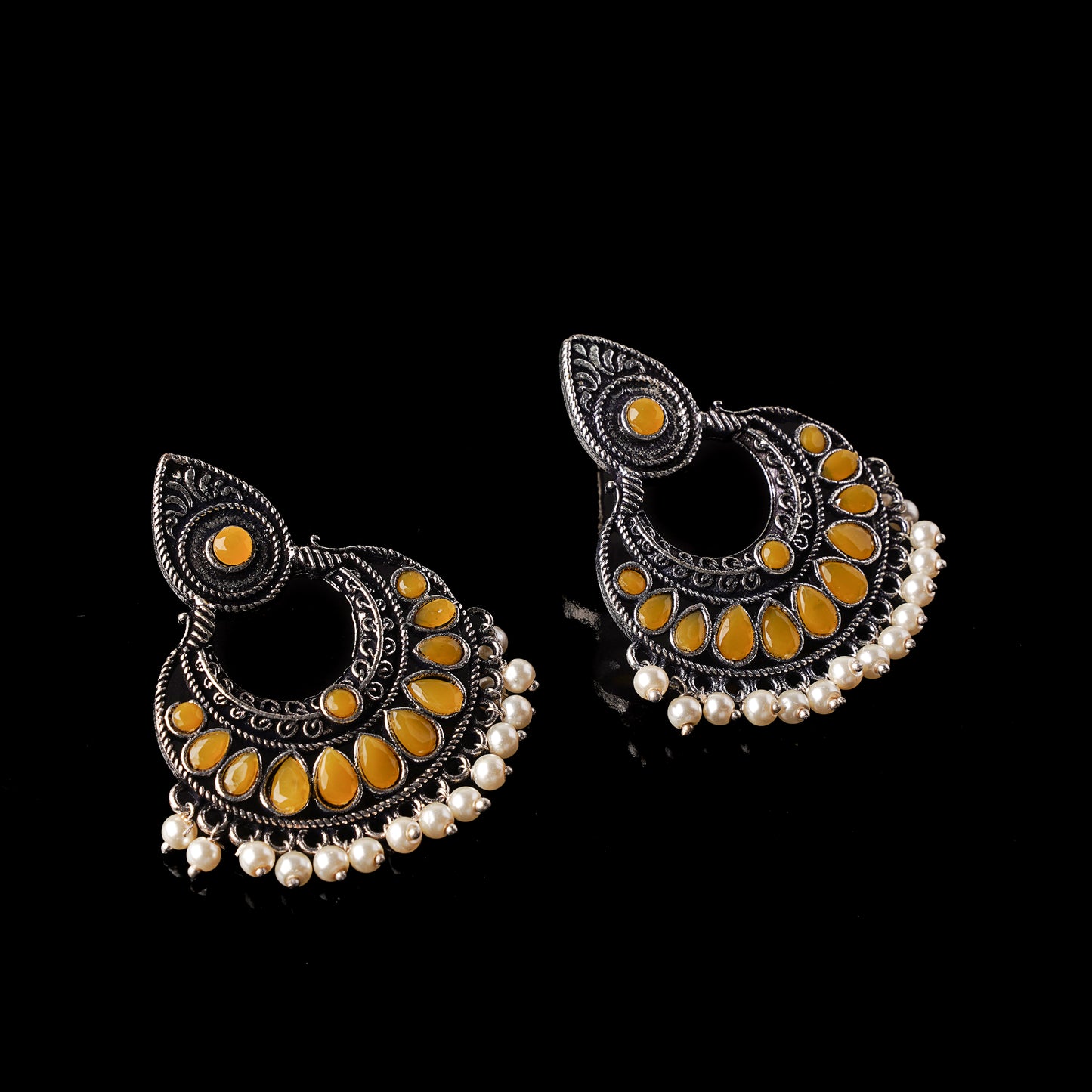 Yellow Stone Studded Oxidised Earrings With Hanging Pearls