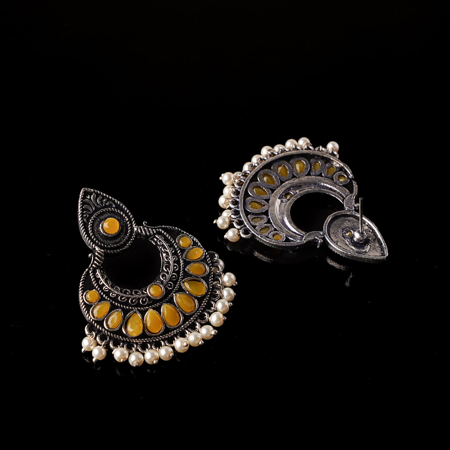 Yellow Stone Studded Oxidised Earrings With Hanging Pearls