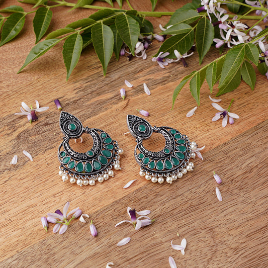 Green Stone Studded Oxidised Earrings With Hanging Pearls