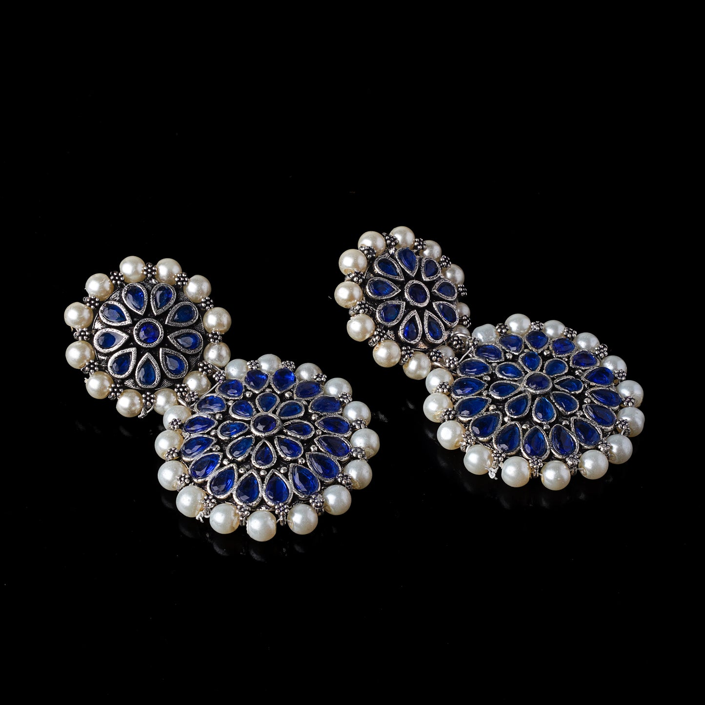 Blue Stone Double Circle Statement Dangler Earrings
