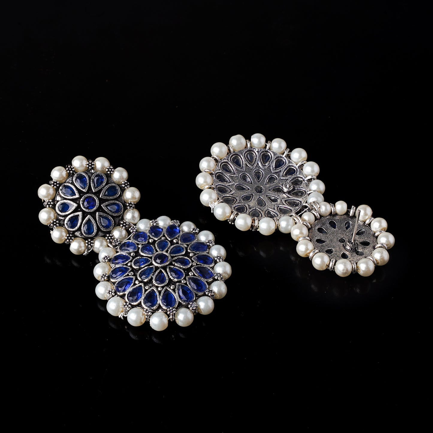 Blue Stone Double Circle Statement Dangler Earrings