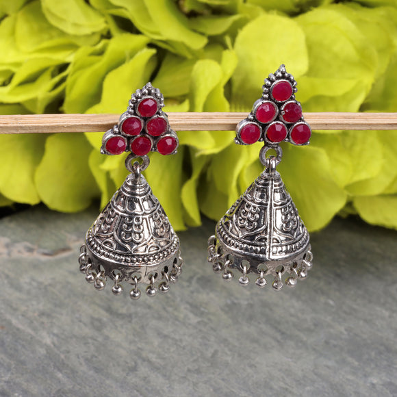 Red Stone Studded Conical Oxidised Dangler Earrings