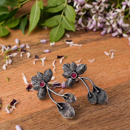 Red Stone Studded Flower Shaped Intricate Oxidised Earrings