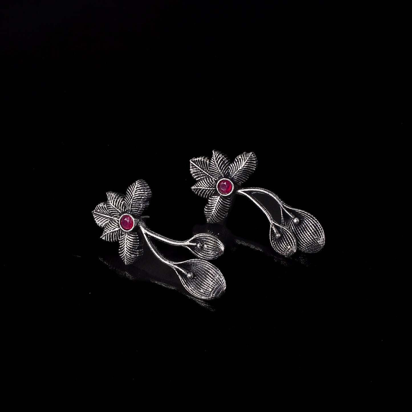 Red Stone Studded Flower Shaped Intricate Oxidised Earrings