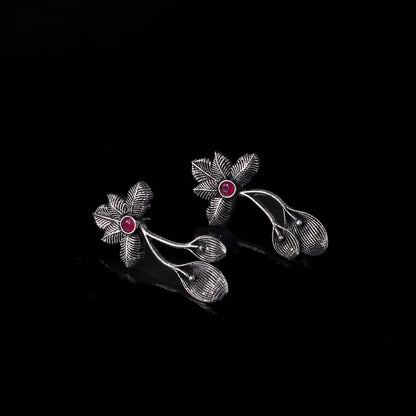 Red Stone Studded Flower Shaped Intricate Oxidised Earrings