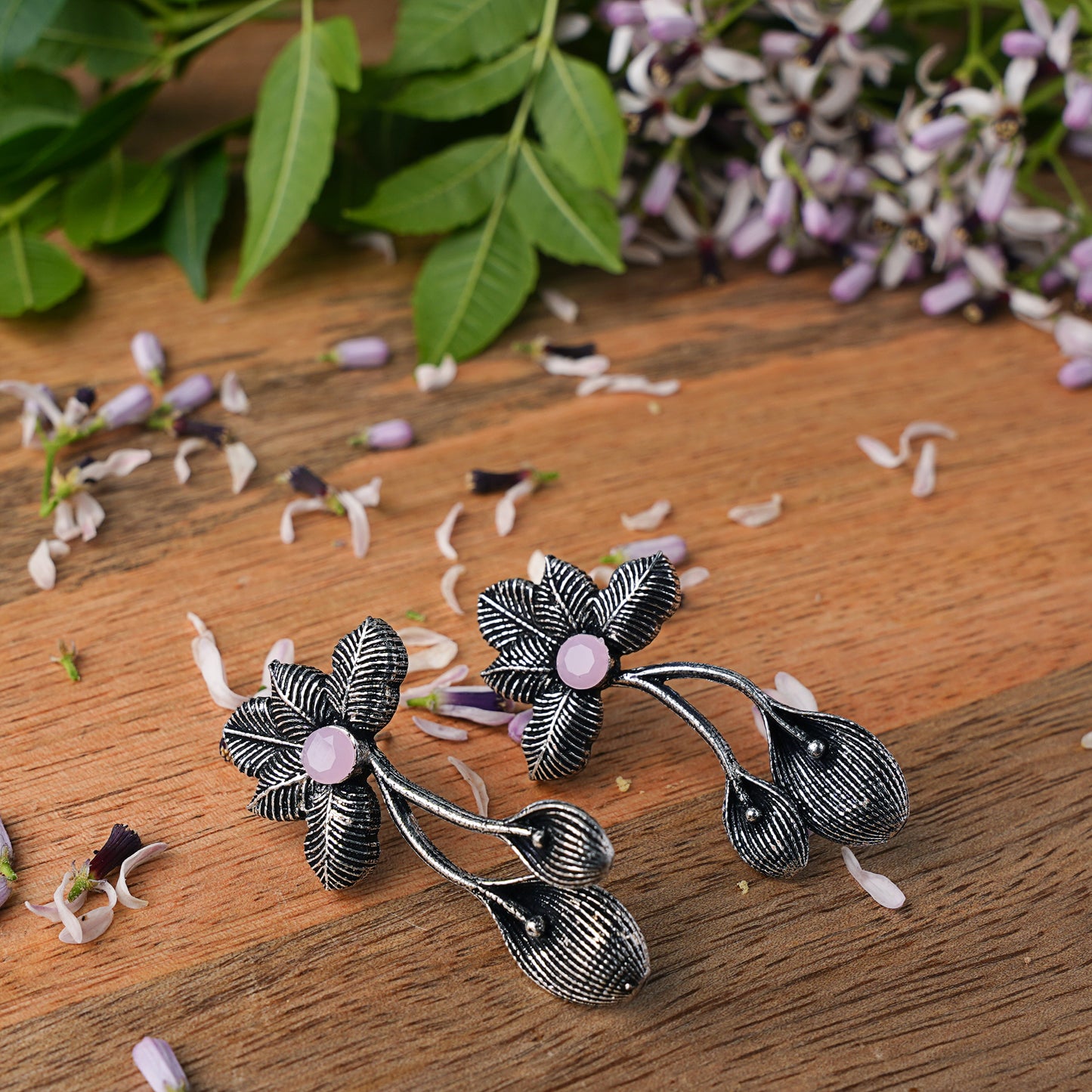 Baby Pink Stone Studded Flower Shaped Intricate Oxidised Earrings