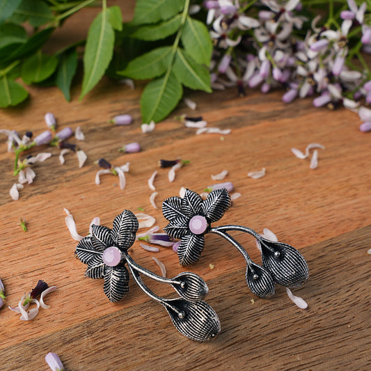 Baby Pink Stone Studded Flower Shaped Intricate Oxidised Earrings