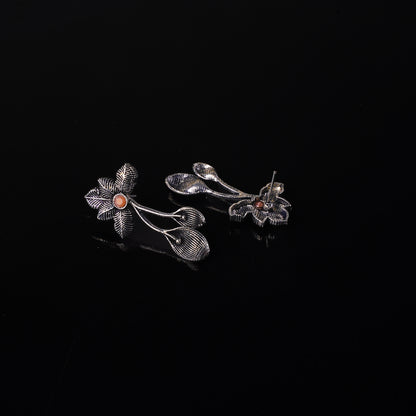 Light Orangish Stone Studded Flower Shaped Intricate Oxidised Earrings