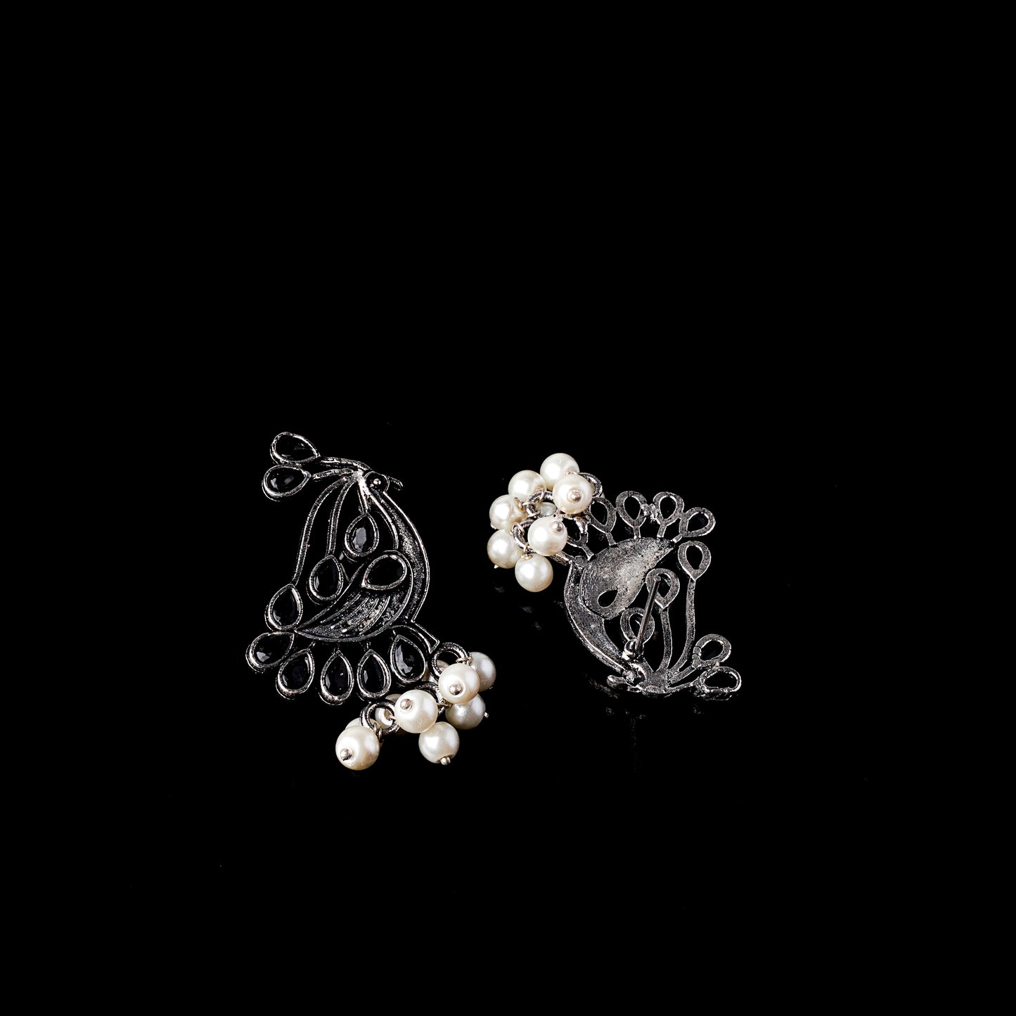 Black Stone Studded Peacock Earrings With Hanging Pearls