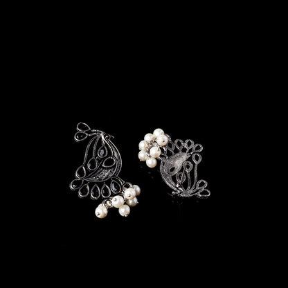 Black Stone Studded Peacock Earrings With Hanging Pearls